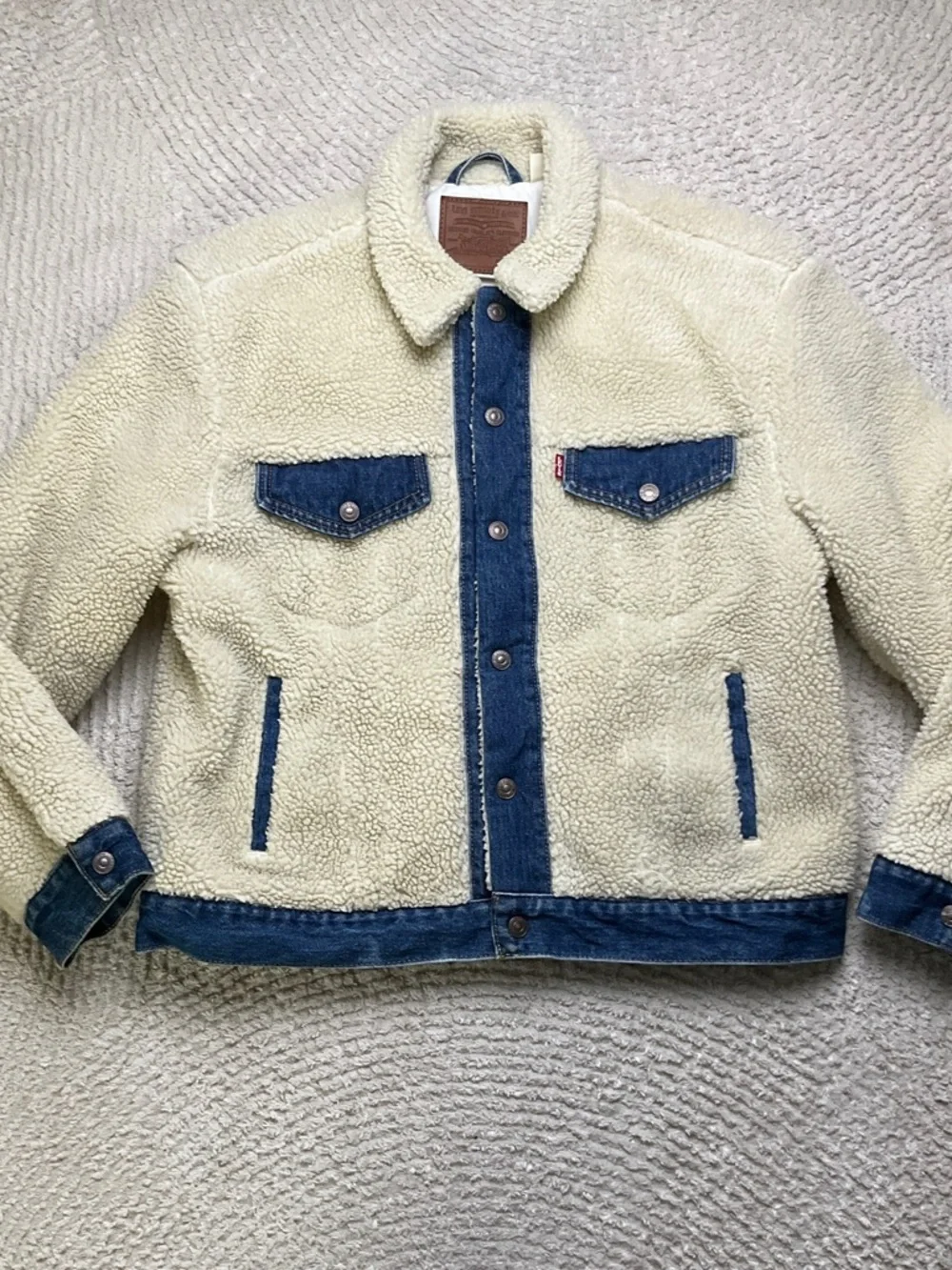 Levi's Ex-Boyfriend Pieced Sherpa Trucker Jacket Women’s Large - Picture 1 of 16
